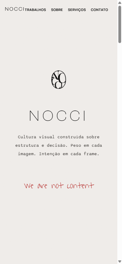 Mobile da NOCCI — mesma hierarquia, mesma postura