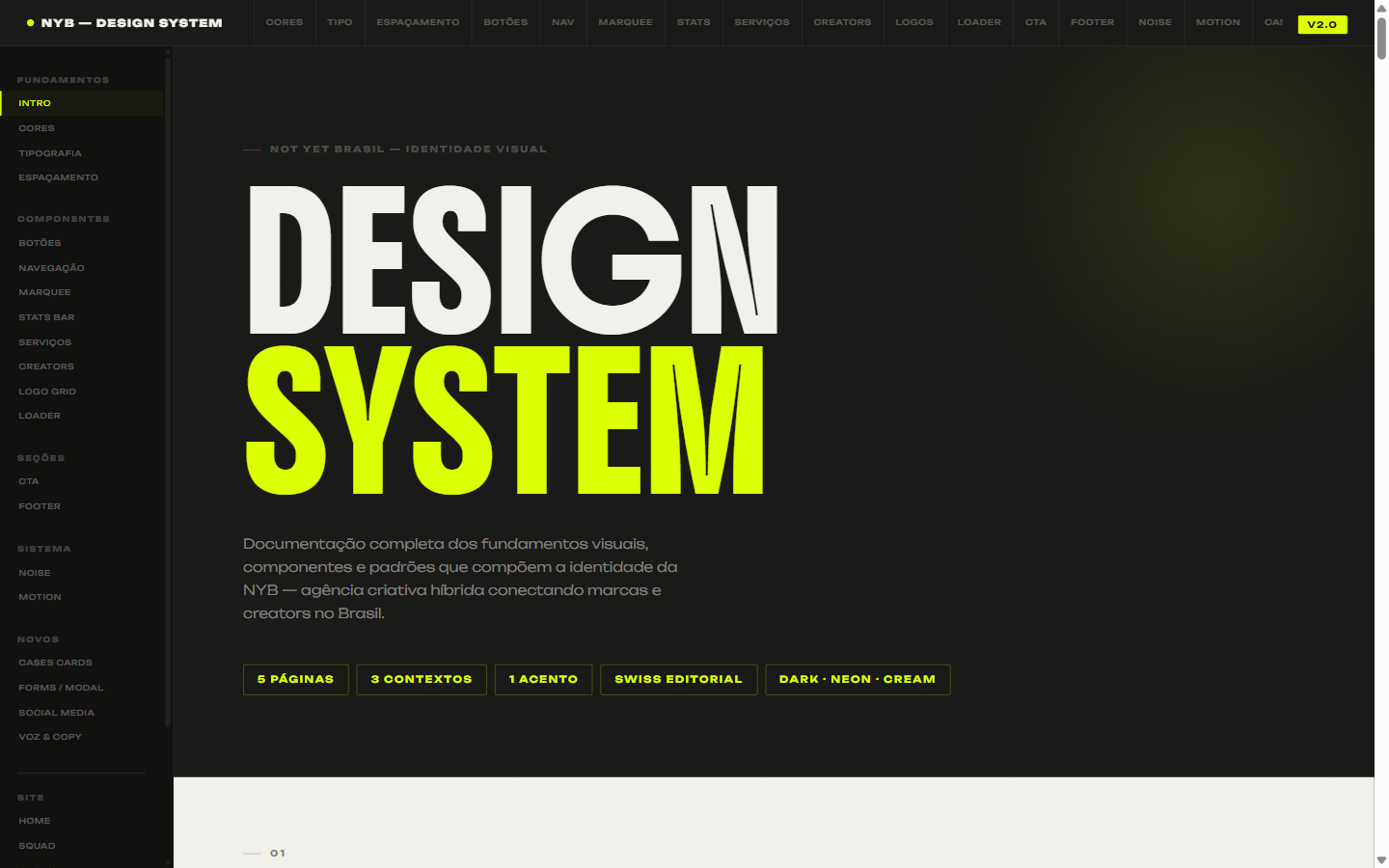 Design system NYB — DESIGN SYSTEM em Boldonse com acento neon, navegação lateral de componentes