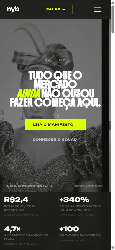 Versão mobile da home da NYB com creators em mockup
