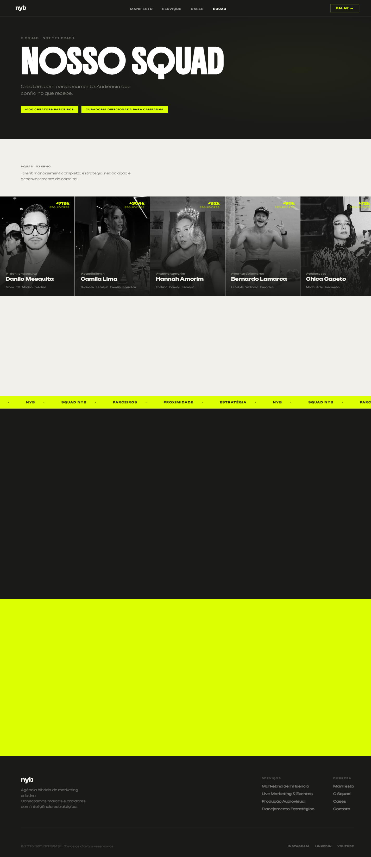 Squad — grid de creators com hover neon